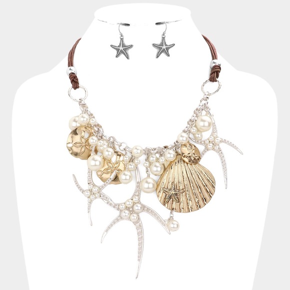 Jewelry - Pearl Embellished Starfish Shell Necklace and Earring Set